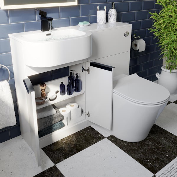 Mode Taw P shape gloss white left handed combination unit with black handles and back to wall toilet