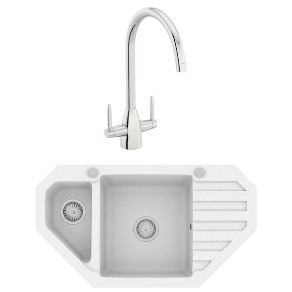Schon Otranto chalk white 1.5 bowl right hand kitchen sink with Schon dual lever kitchen tap