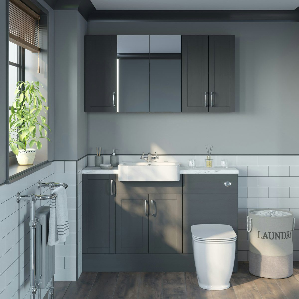 Reeves Newbury dusk grey small fitted furniture & storage combination with white marble worktop