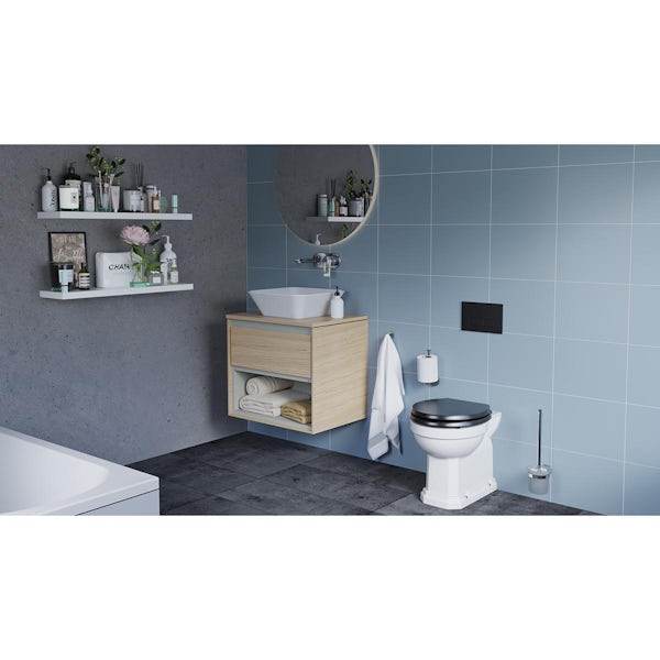 Ideal Standard Waverley back to wall toilet with black seat, Prosys mechanical cistern and Oleas M2 black flush plate