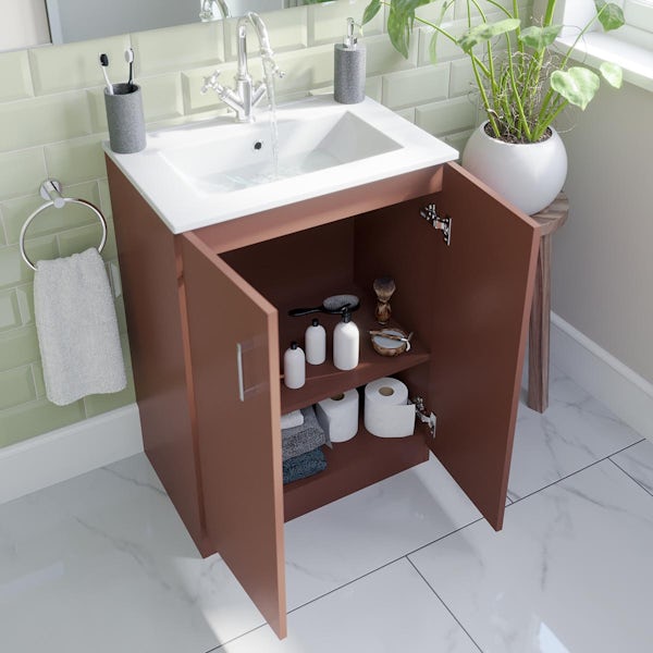Orchard Lea tuscan red floorstanding vanity unit and ceramic basin 600mm