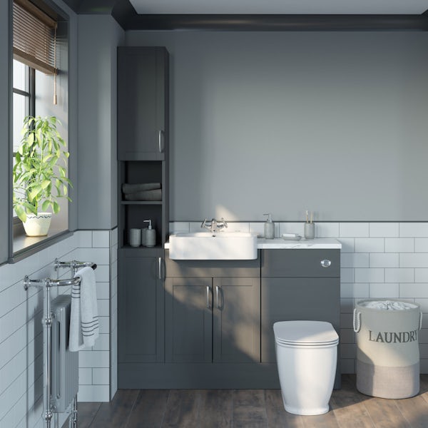 The Bath Co. Newbury dusk grey tall fitted furniture combination with white marble worktop