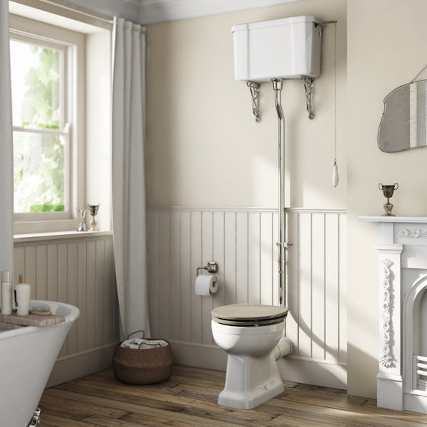 The Bath Co. Camberley high level toilet with wooden soft close seat grey oak effect