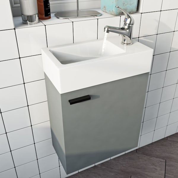 Clarity Compact satin grey wall hung cloakroom suite with contemporary close coupled toilet and black handles