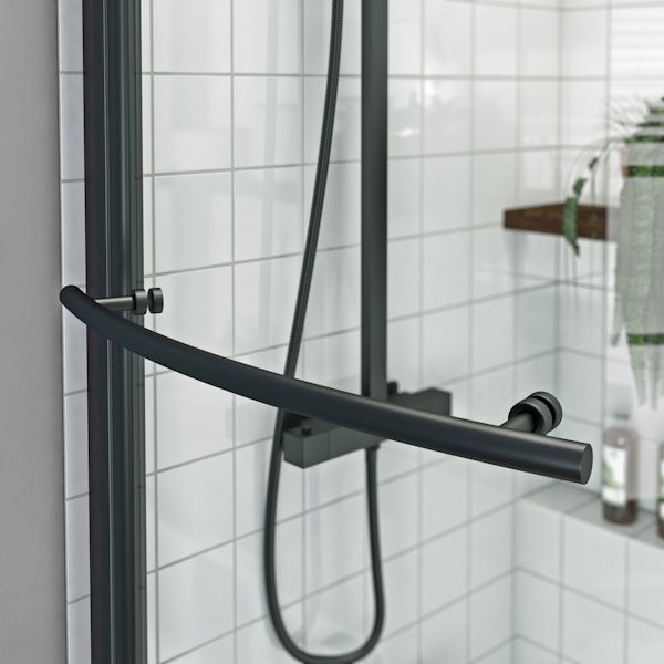 Orchard P shaped left handed shower bath with 6mm matt black shower screen with rail 1500 x 850