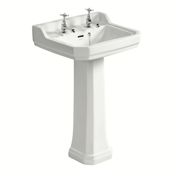 Ideal Standard Waverley low level toilet with mahogany seat and 2 tap hole full pedestal basin