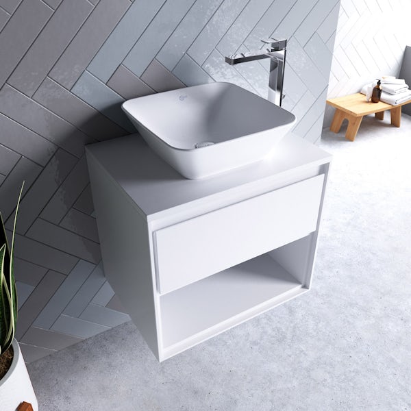 Ideal Standard Concept Air gloss and matt white wall hung countertop vanity unit and basin 600mm