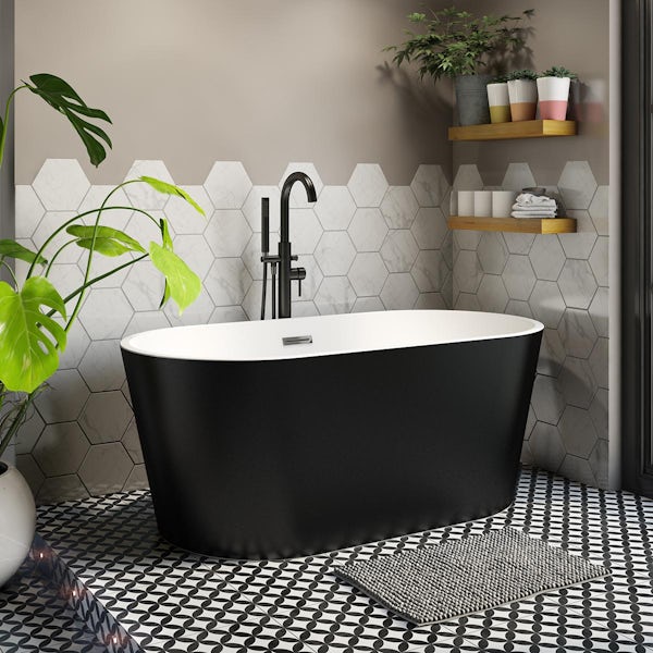 Mode Tate double ended freestanding bath black with matt black freestanding bath tap 1500 x 750