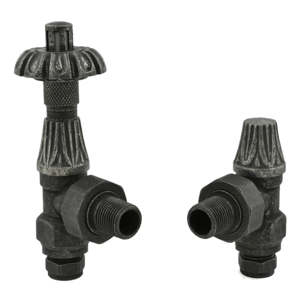 The Heating Co. Ornate thermostatic angled radiator valves with lockshield - antique pewter