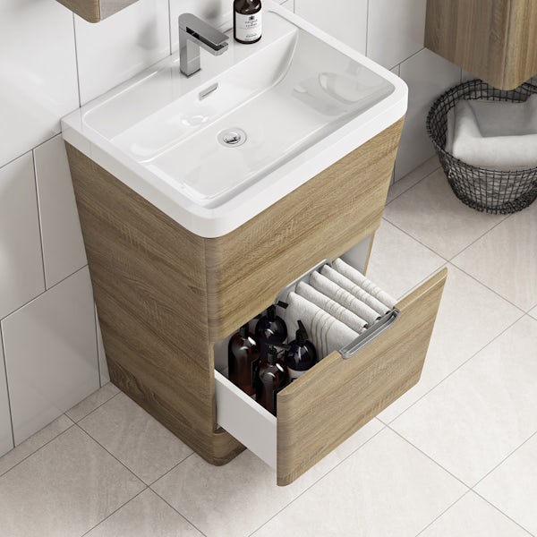 Mode Sherwood oak floor standing vanity unit and resin basin 600mm