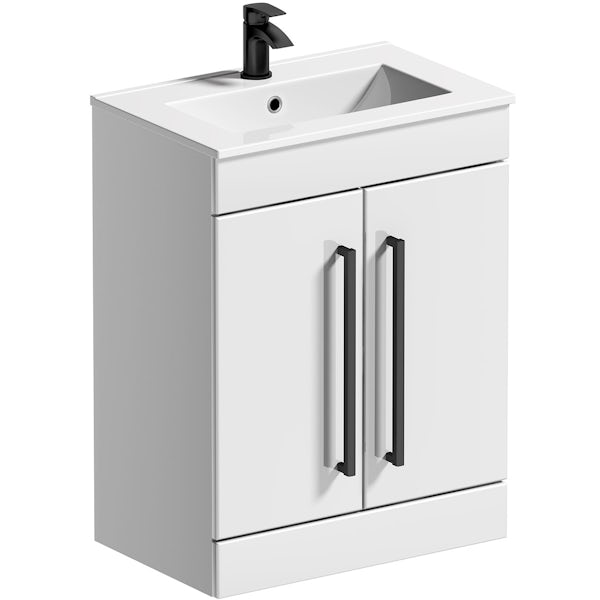 Orchard Derwent white floorstanding vanity door unit with black handle and ceramic basin 600mm
