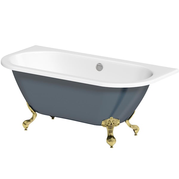 The Bath Co. Dalston province blue back to wall freestanding bath with brushed brass ball and claw feet