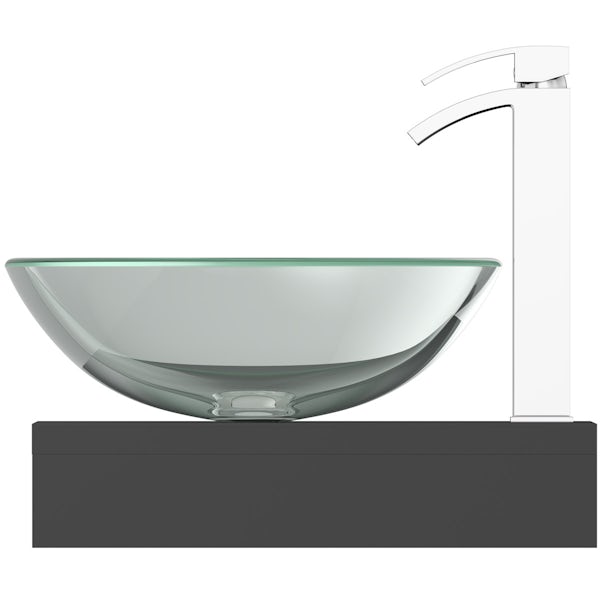 Mode Orion slate gloss grey countertop shelf 600mm with Mackintosh glass countertop basin, tap and waste