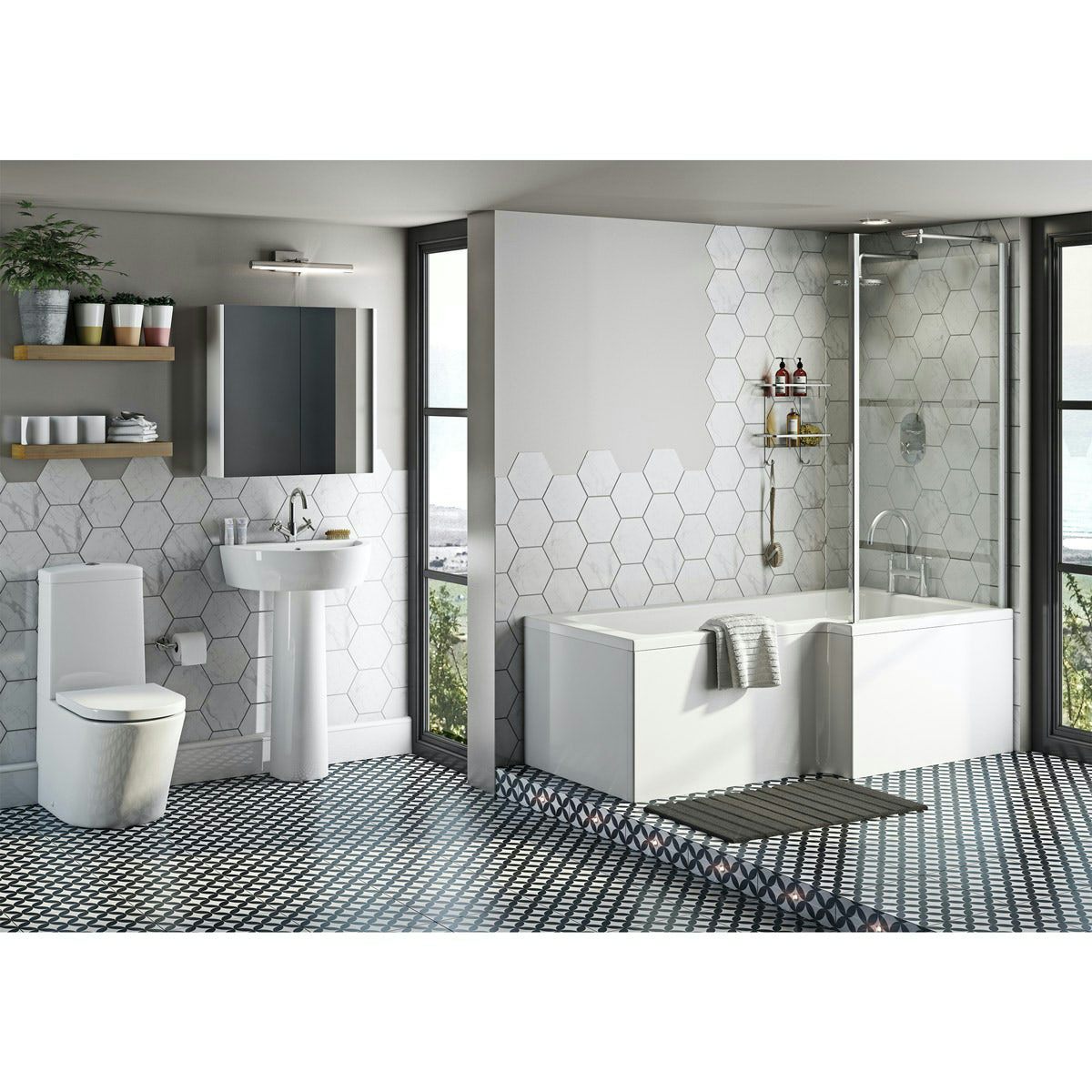 Mode Tate bathroom suite with right handed L shaped shower bath 1700 x 850