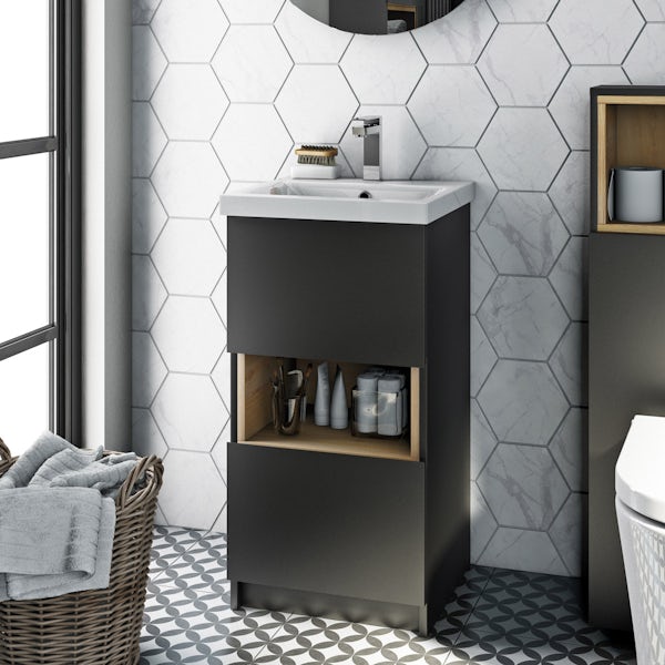 Mode Tate anthracite black & oak cloakroom suite with close coupled toilet