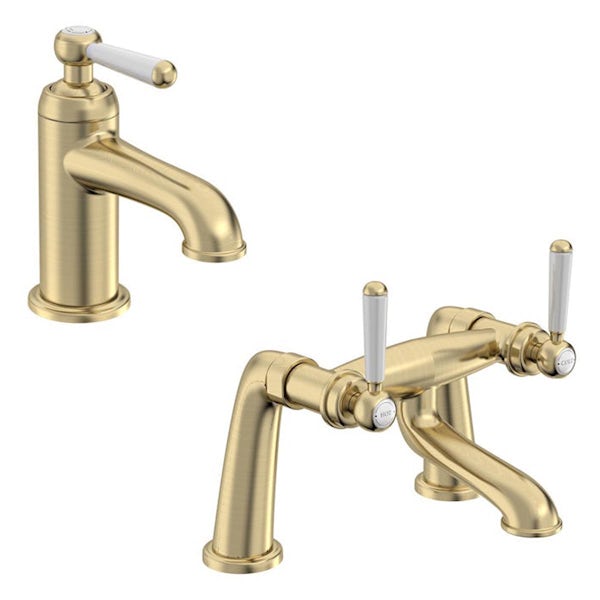 The Bath Co. Aylesford Vintage brushed brass mono basin and bath mixer tap pack