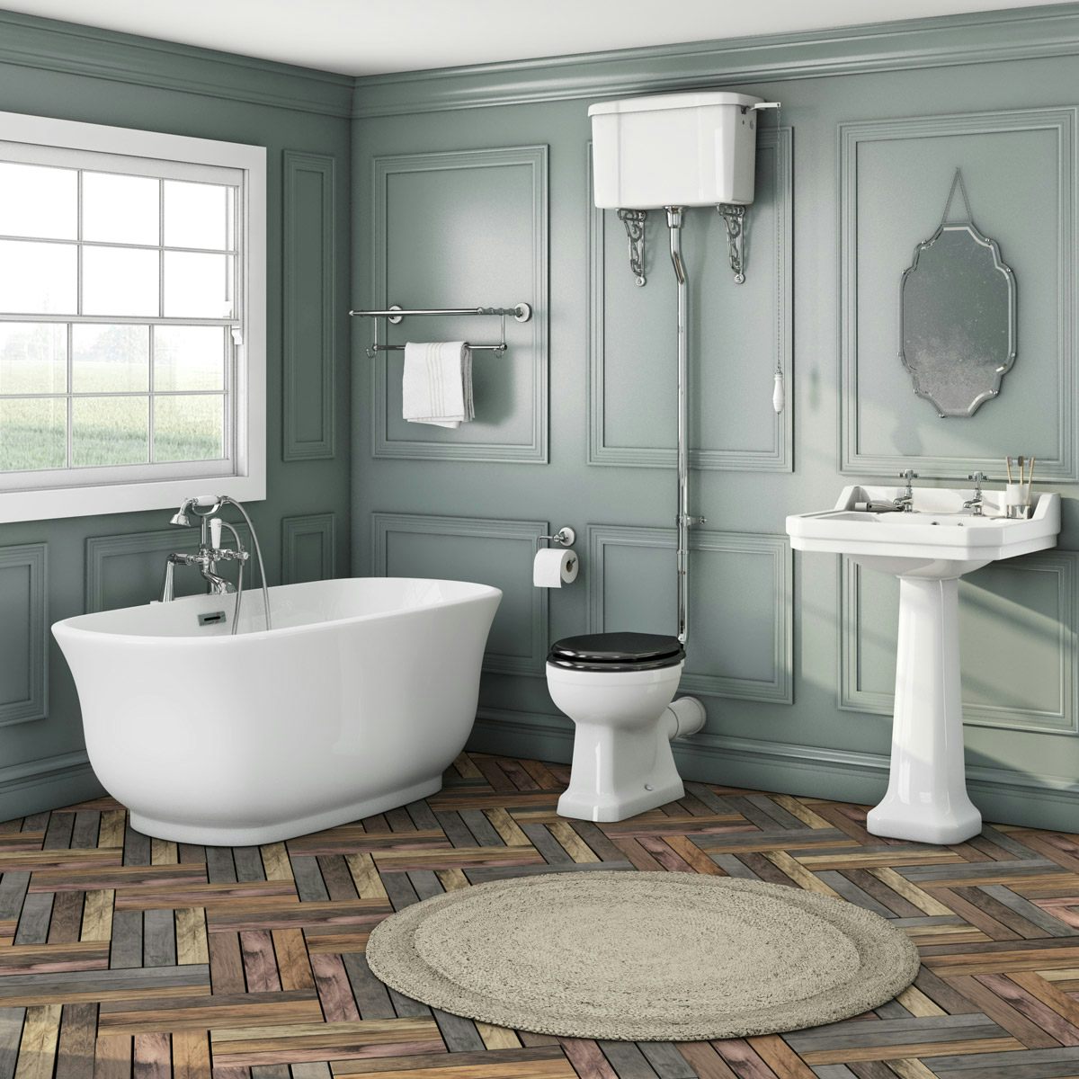The Bath Co. Camberley high level freestanding bath suite with black seat