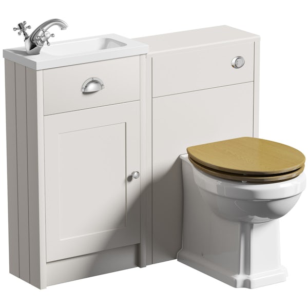 The Bath Co. Dulwich stone ivory cloakroom combination with oak effect seat