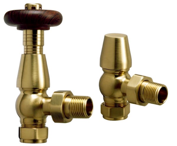 The Heating Co. Traditional thermostatic angled radiator valves with lockshield - brushed brass
