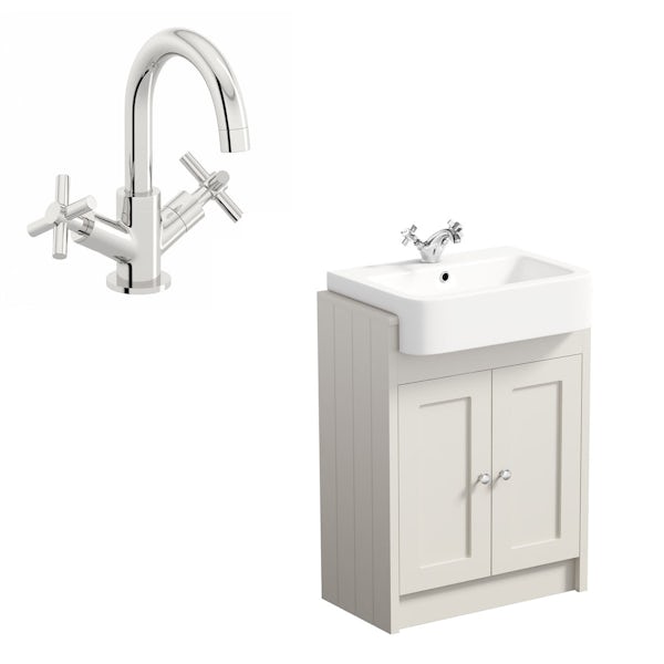 The Bath Co. Dulwich stone ivory floorstanding vanity unit and ceramic semi recessed basin 600mm with tap