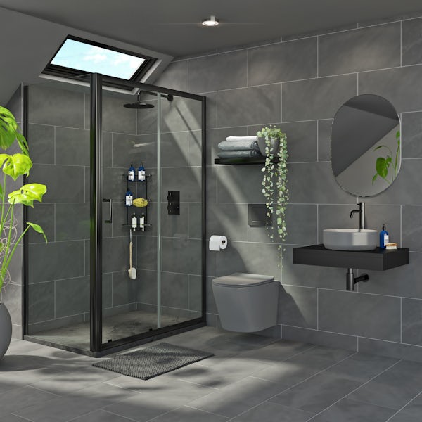 Mode Orion complete bathroom suite with contemporary stone grey wall hung toilet and black shower enclosure