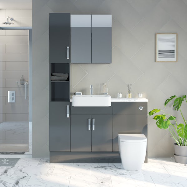Mode Nouvel gloss grey tall fitted furniture & mirror combination with white marble worktop