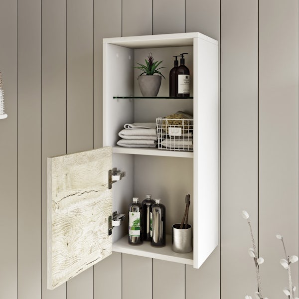 Mode Burton white & rustic oak wall hung double basin vanity unit 1200mm & storage set