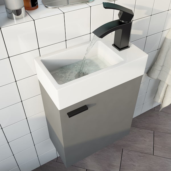 Clarity Compact satin grey wall hung vanity unit and basin 410mm with tap and black handles