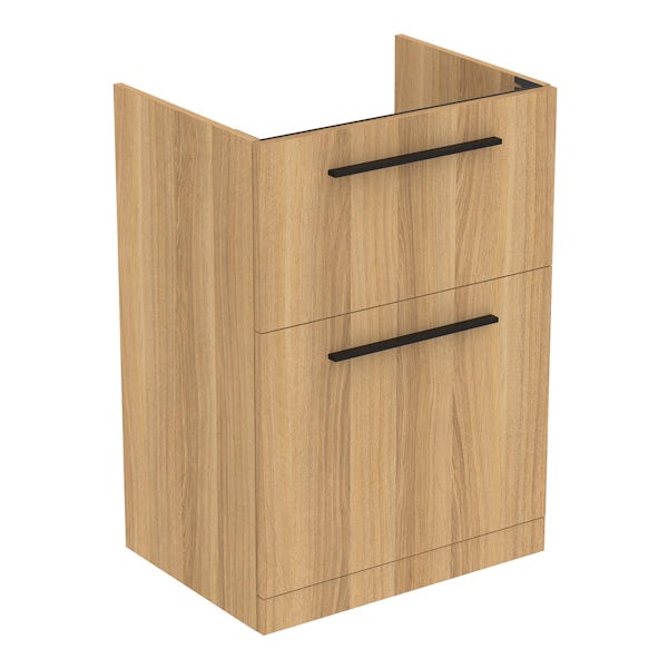 Ideal Standard i.life A natural oak floorstanding vanity unit with 2 drawers and black handles 640mm