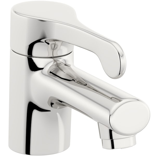 Kirke chrome progressive cartridge washbasin mixer tap with long handle and slotted waste
