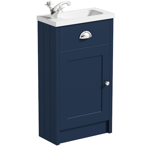 Orchard Dulwich matt navy cloakroom unit and traditional close coupled toilet with oak seat