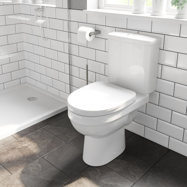Clarity Compact white cloakroom suite with contemporary close coupled toilet and black handles