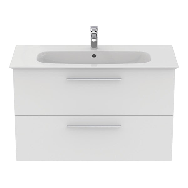 Ideal Standard i.life A matt white wall hung vanity unit with 2 drawers and brushed chrome handles 1040mm