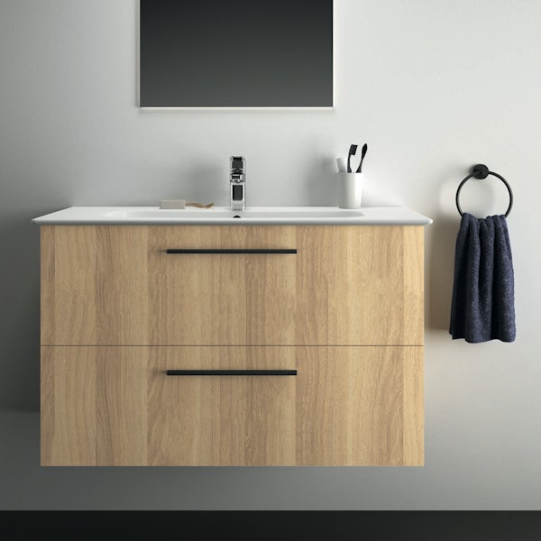 Ideal Standard i.life A natural oak wall hung vanity unit with 2 drawers and black handles 1040mm