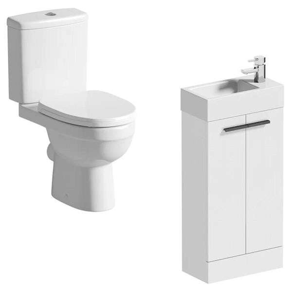 Clarity Compact white cloakroom suite with contemporary close coupled toilet and black handles