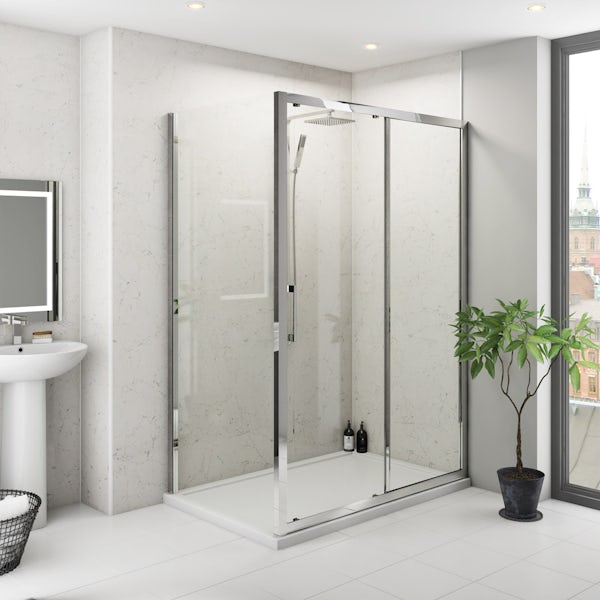 Mode Hardy shower door pack 1700 x 700 with Multipanel Classic Marble shower wall panels