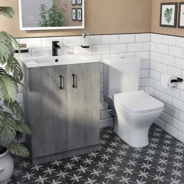 Orchard Lea concrete floorstanding vanity unit with black handle 600mm and Derwent square close coupled toilet suite