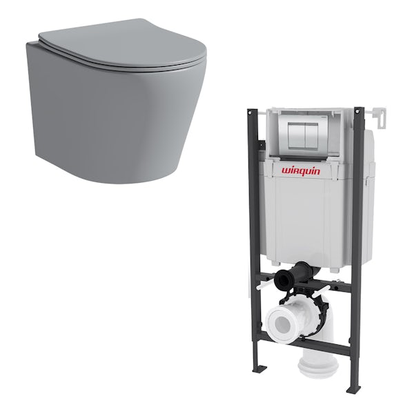 Mode Orion stone grey wall hung toilet with soft close seat and 0.82m wall mounting frame with push plate cistern