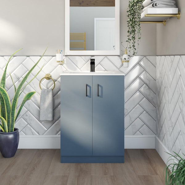 Orchard Lea ocean blue floorstanding vanity unit with black handle 600mm and Derwent square close coupled toilet suite