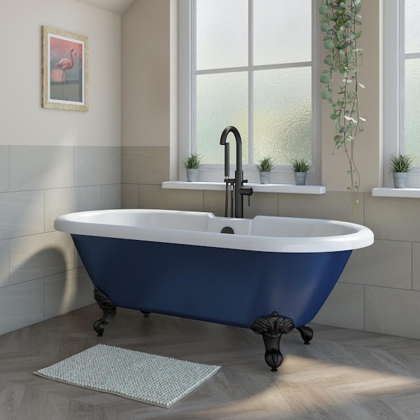 Orchard Dulwich navy double ended roll top bath with matt black ball and claw feet