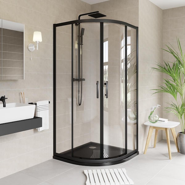 Orchard 6mm black quadrant shower enclosure pack with anti-slip tray