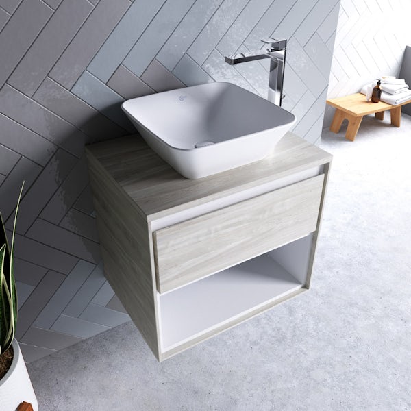 Ideal Standard Concept Air wood light grey and matt white countertop vanity unit and basin 600mm