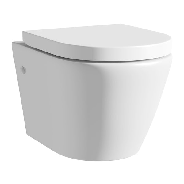Mode Harrison rimless wall hung toilet inc soft close seat and wall mounting frame with push plate cistern