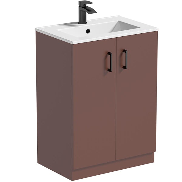 Orchard Lea tuscan red floorstanding vanity unit with black handle 600mm and Derwent square close coupled toilet suite