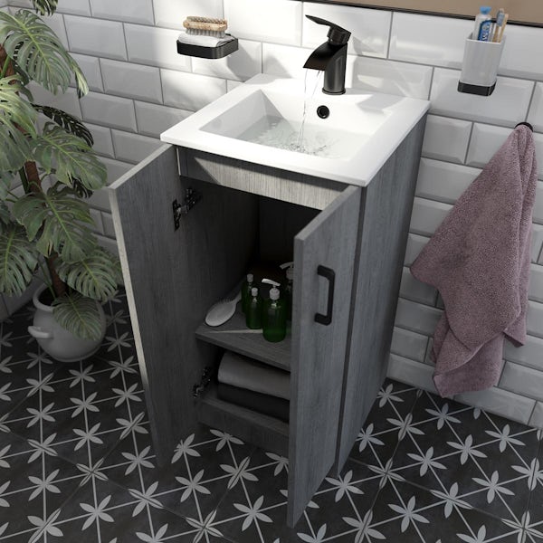 Orchard Lea concrete floorstanding vanity unit with black handle 420mm and Derwent square close coupled toilet suite