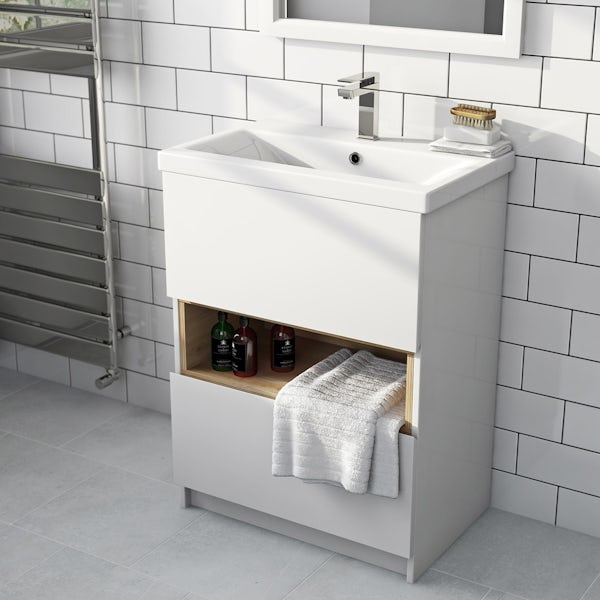 Mode Tate white & oak vanity unit 600mm with mirror