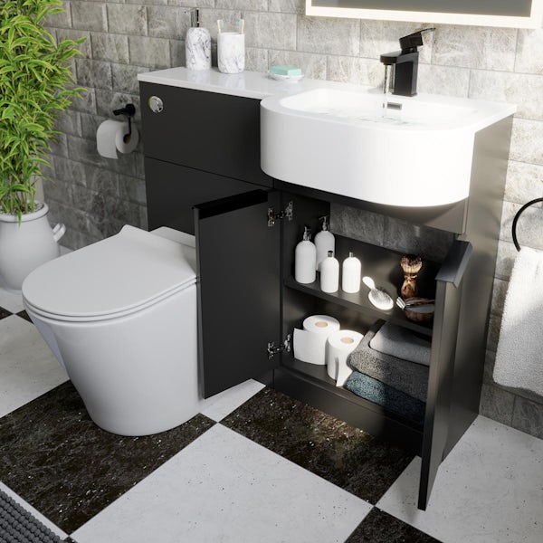 Mode Taw P shape matt black right handed combination unit with black handles and back to wall toilet