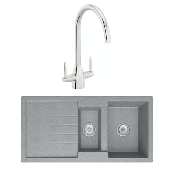Schon Roseto Cobblestone grey 1.5 bowl reversible kitchen sink with Schon dual lever kitchen tap