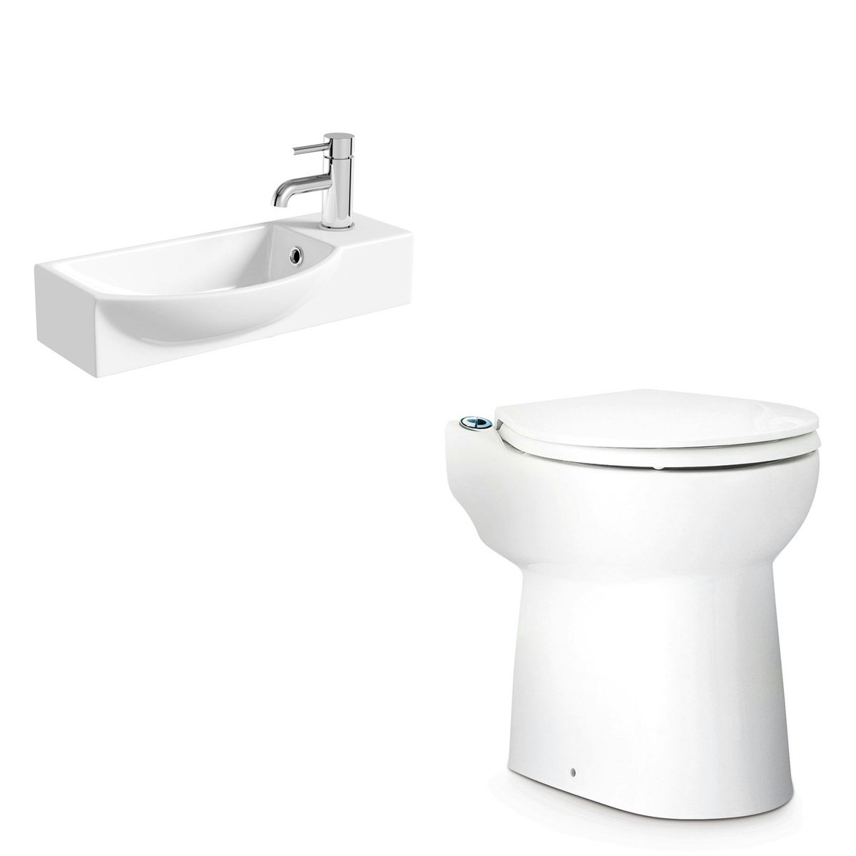 Saniflo Sanicompact cloakroom solution with cisternless back to wall toilet, macerator and small basin 415mm