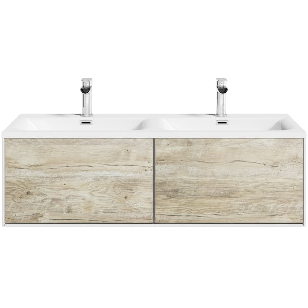 Mode Burton white & rustic oak wall hung double basin vanity unit 1200mm